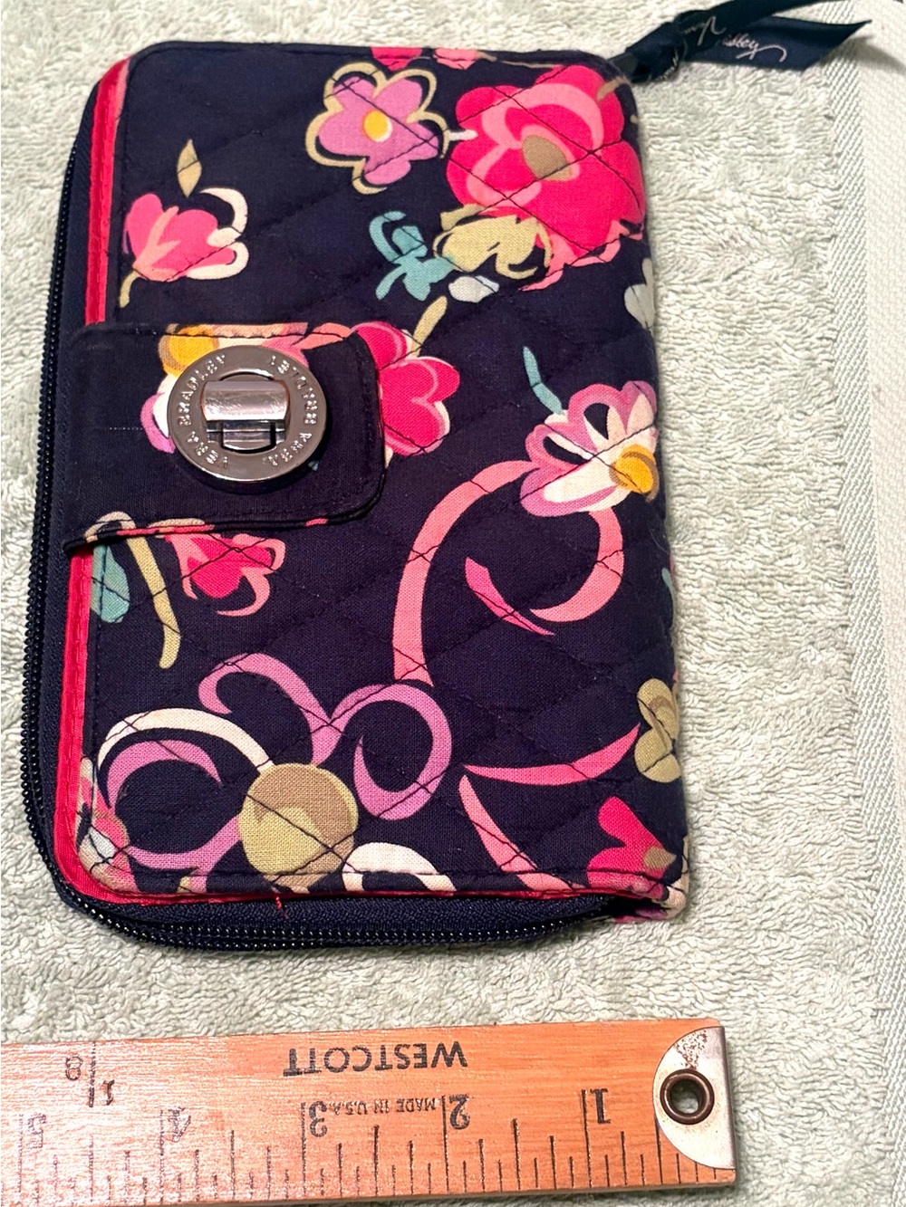Vera Bradley Navy Floral Quilted Zip Phone Wallet with Pink Accents